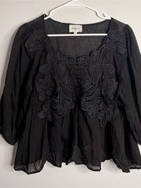 CHOKLATE Paris Black Crochet-Detail Peasant Top Large 100% Cotton